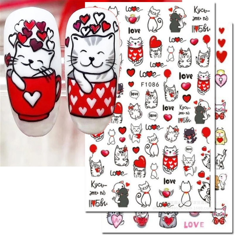 Nail Art Valentines Day - 3d ネイルアートデカールバレンタインデーレッドハート風船かわいい猫ラブレターステッカーネイルアートマニキュアのヒント装飾