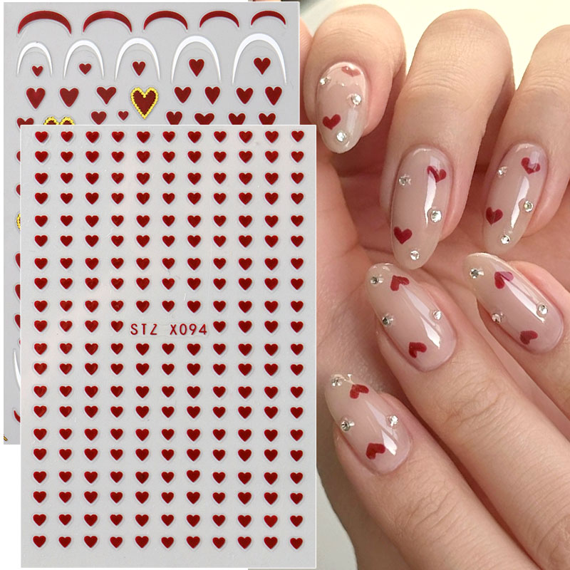 Nail Art Valentines Day - 2 個ミニラブハートネイルアートステッカーデカールかわいいバレンタインデザイン 3D 粘着スライダーシンプルなフレンチマニキュアデコレーションヒント