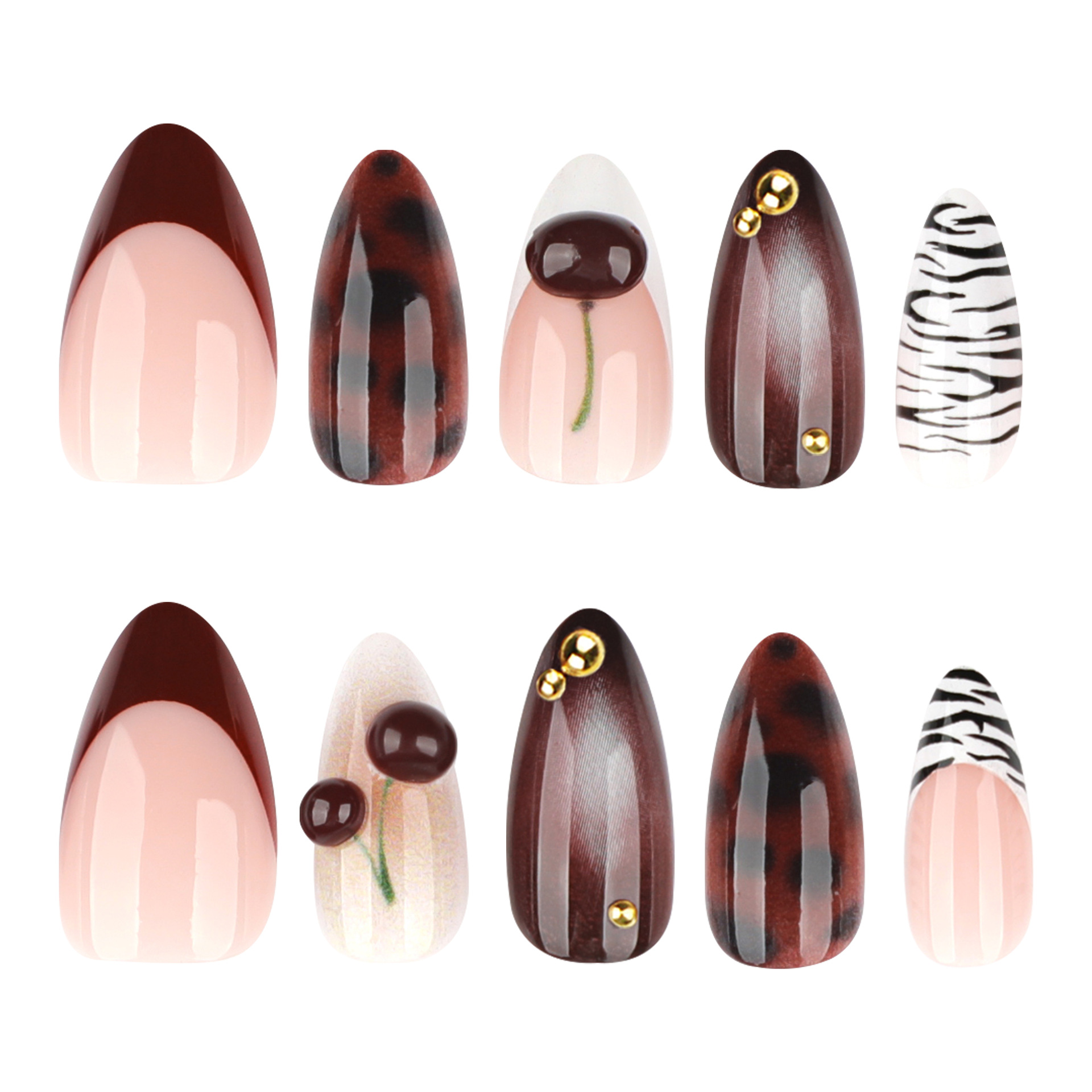 Nail Art Burgundy - 24枚入り バーガンディヌードブラウン 付け爪 アーモンドシェイプ 3Dチェリー アニマルプリント