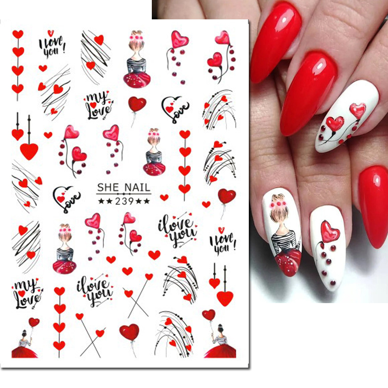 Nail Art Valentines Day - 3d ネイルアートデカール幾何学ラインバレンタインデーレッドハートラブレター粘着スライダーネイルステッカー装飾マニキュア