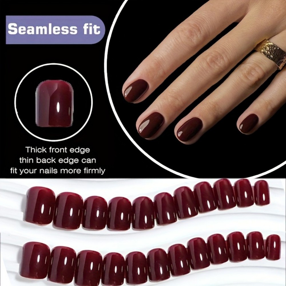 Nail Art Red Wine Cat Eye - 女の子向けワインレッドのキャットアイつけ爪24個セット、接着剤付き—短くて手頃な価格のアクリルネイル、貼り付け式ファッションネイルアート