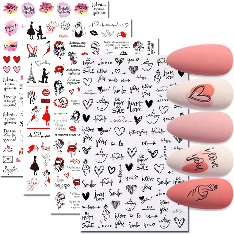 Nail Art Valentines Day - ネイルアートステッカー愛の心の手紙メッセージバレンタインデーバック接着剤ネイルステッカーの装飾ネイルのヒント · ビューティー