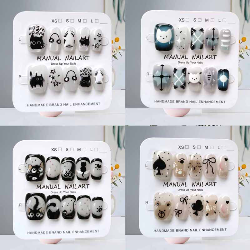 Nail Art Eye Cat - 10枚入り 可愛い漫画風 黒猫 ブルーグレー 幾何学模様 ハンドメイド