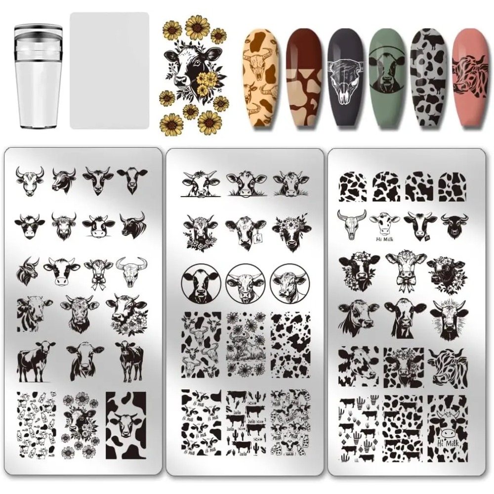 Nail Stamping Plate - 3 個の牛テーマネイルスタンピングプレート 56 パターン牛の斑点ネイルアートステンシルかわいい動物マニキュアアートテンプレートヒョウの爪