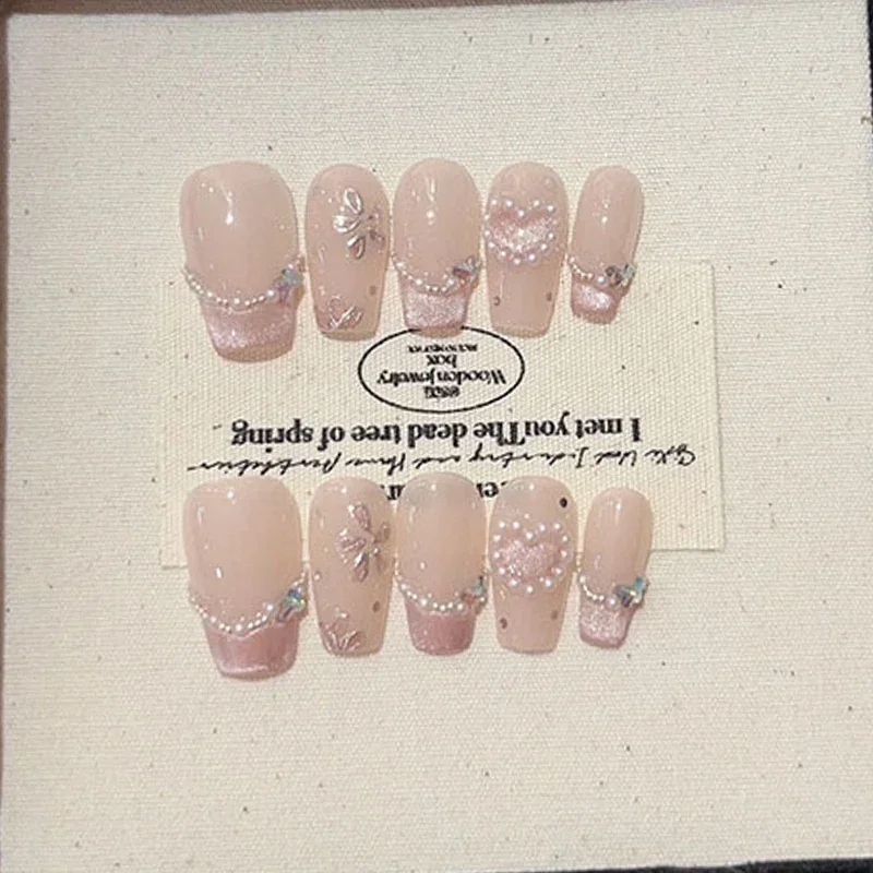 Nail Art Eye Cat - 取り外し可能で取り外し可能なネイル,かわいいキャッツアイパウダー,ピンクのラブパールアート,フルカバー,プレス,装着可能なマニキュア,10個
