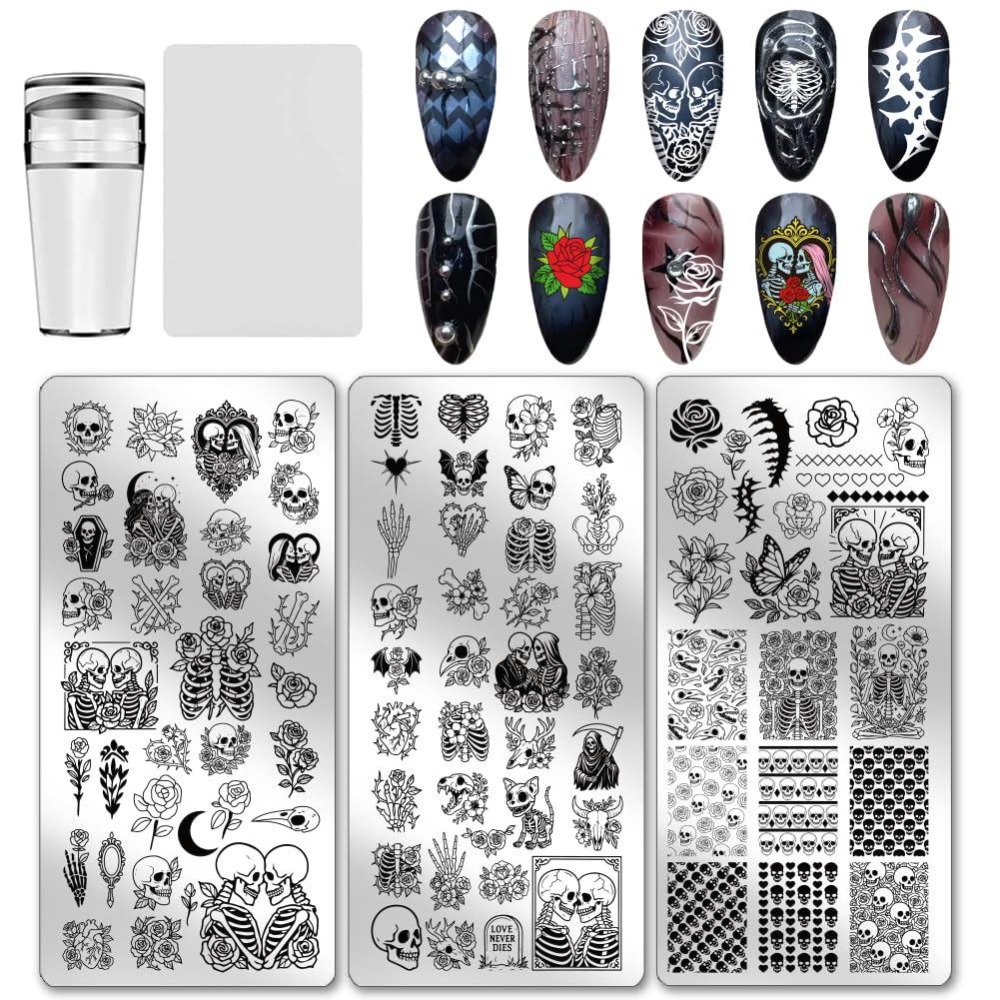 Nail Stamping Plate - 3枚入り スカルネイルスタンピングプレート 骨格 花柄 ネイルアートテンプレート ゴシック