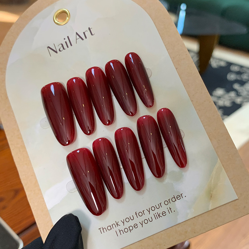 Nail Art Red Wine - 10個入りワインレッドロングオーバルハンドメイドプレスオンネイルピュアフェイクネイルシンプル装着可能フェイクネイルアートつけ爪