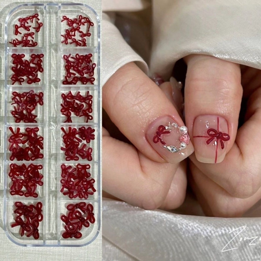Nail Art Burgundy - ワインレッドネイルアートデコレーション バーガンディネクタイデザイン DIYネイルデコレーション 12グリッドミックスデザインネイルアートツール 新年
