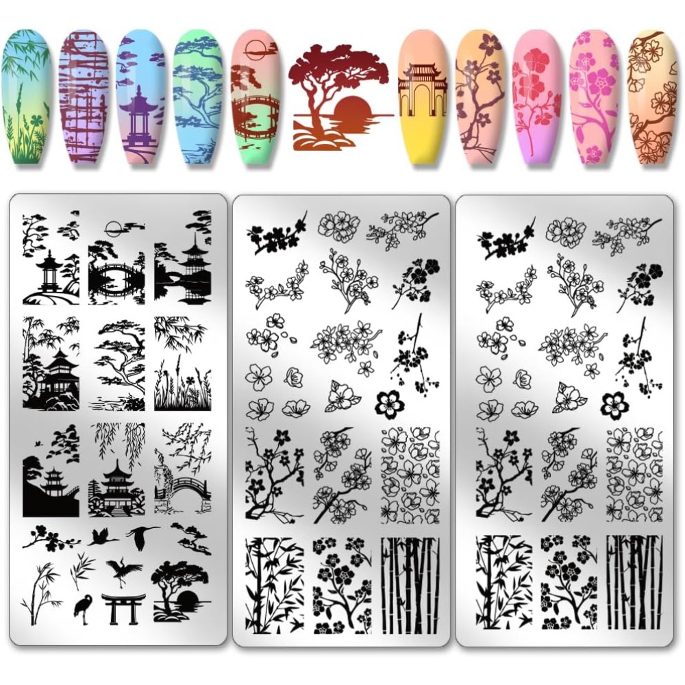 Nail Stamping Plate - 3 個古典的な中国の庭園ネイルアートテンプレート古代スタイルネイルスタンピングプレートパビリオン梅の花ネイルアートステンシル