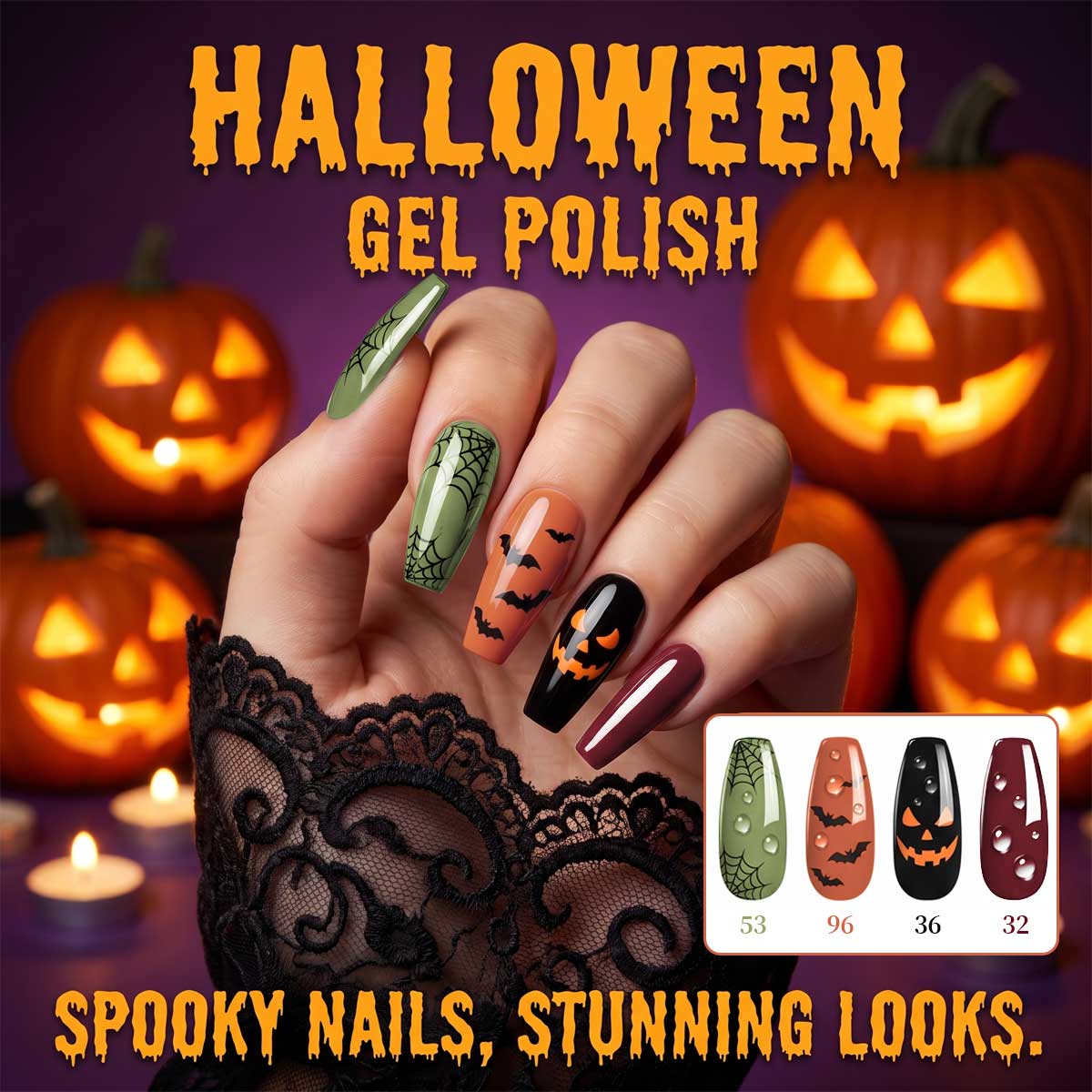 Nail Art Burgundy - オリーブグリーン、オレンジ、バーガンディ、ブラックのハロウィンソリッドカラージェルネイルポリッシュ4本セット、UVソークオフで長持ちするジェルネイルポリッシュ、カボチャ、コウモリ、蜘蛛の巣などハロウィンネイルアートデザインの作成に最適です。 ゴシックダークスタイルや秋の日常ネイルアートに最適です。