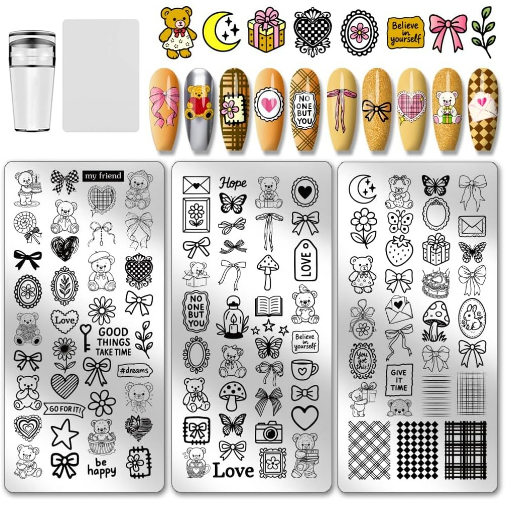 Nail Stamping Plate - 3 個かわいいクマネイルスタンピングプレート弓ハートネイルアートステンシル蝶フルーツキノコマニキュアアートテンプレート素敵な甘い