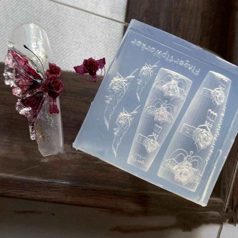 Nail Stamping Plate - New3D シリコーンネイルモールドローズボウフェザースカルリブネイルテンプレート Diy ネイルアート装飾用ネイルチャーム