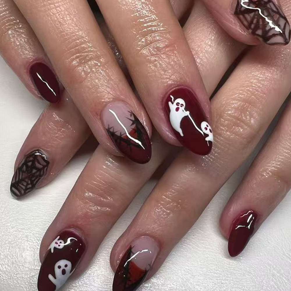 Nail Art Burgundy - 24枚入り ハロウィンつけ爪 ゴーストスパイダーウェブ バーガンディ フェイクネイル ゴシック