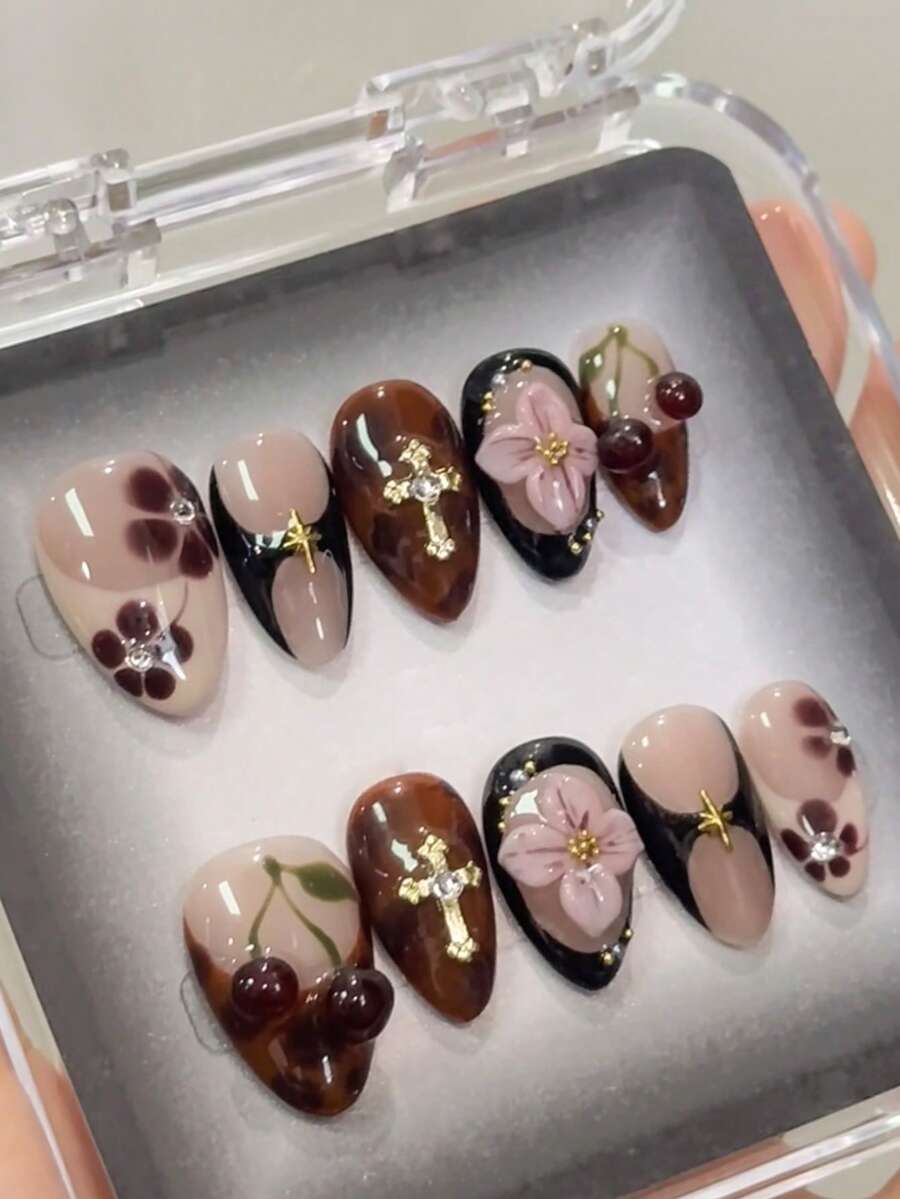 Nail Art Burgundy - 10個入り レトロ Y2K 手描き 花柄 べっ甲模様