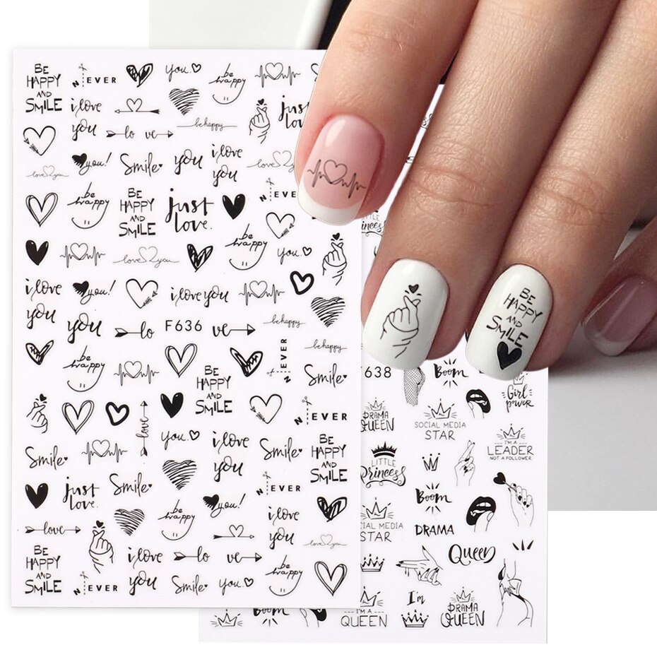 Nail Art Valentines Day - ネイルアートステッカー2個ハートラブデザイン3Dネイルアートステッカー英文字クールな女の子フェイススライダーバレンタインデーマニキュア