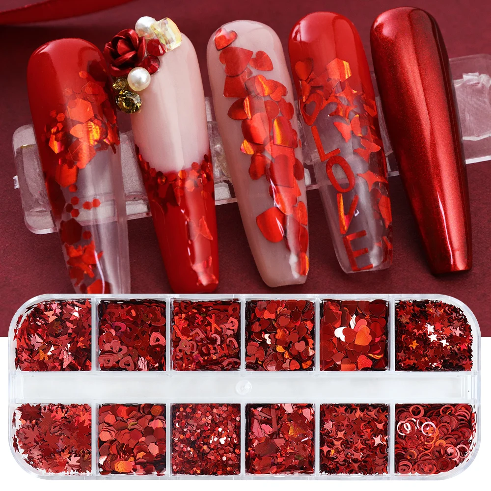 Nail Art Valentines Day - ホログラフィックグリッターフレーク,ハート,バタフライスパンコールのミックス,マニキュアのための赤いフレーク