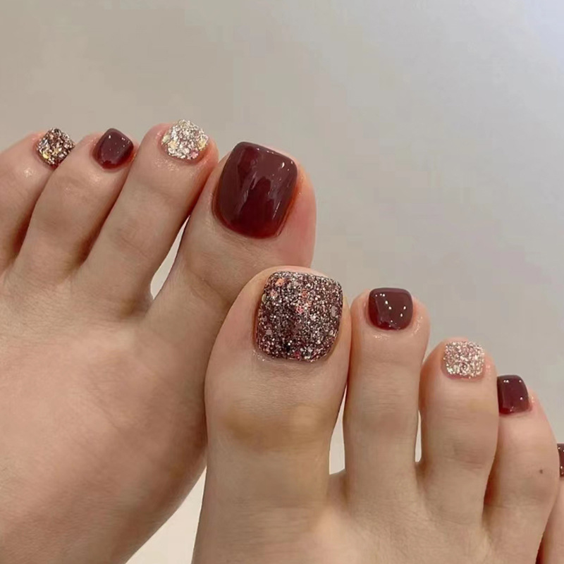 Nail Art Red Wine - 24枚入り ワインレッド ショートスクエアヘッド トゥネイルチップ フルカバー グリッターデザイン