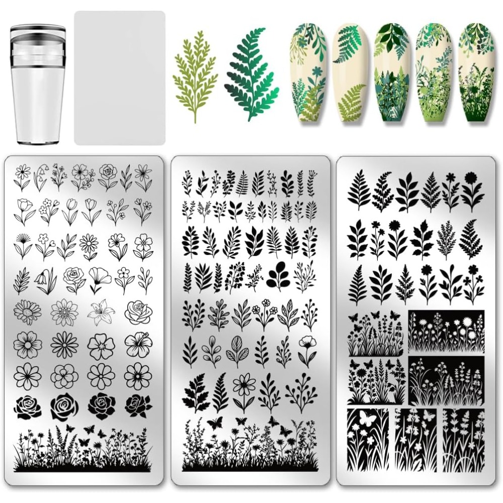 Nail Stamping Plate - 3 個の花葉ネイルスタンピングプレート植物ネイルアートステンシルローズデイジーマニキュアアートテンプレート花の茂みネイルスタンパー