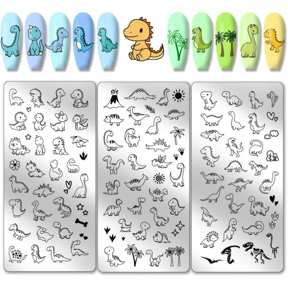 Nail Stamping Plate - 3 個恐竜ネイルスタンピングプレートかわいい小さな恐竜ネイルアートテンプレート愛太陽植物ステンシルステンレス鋼イメージプレート