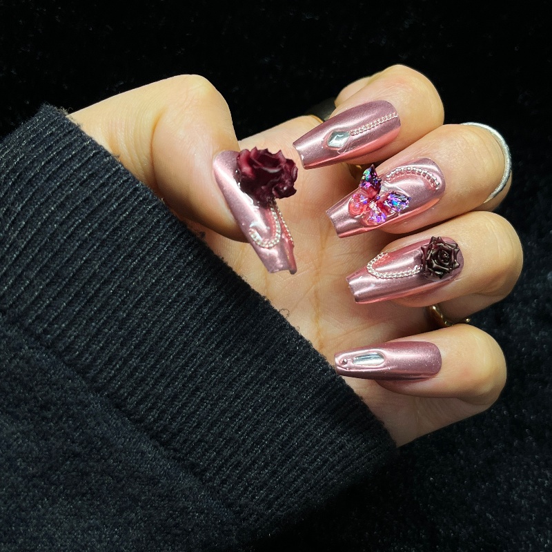 Nail Art Burgundy - 10個入り ローズゴールド 付け爪 3D バーガンディローズ キラキラ蝶飾り