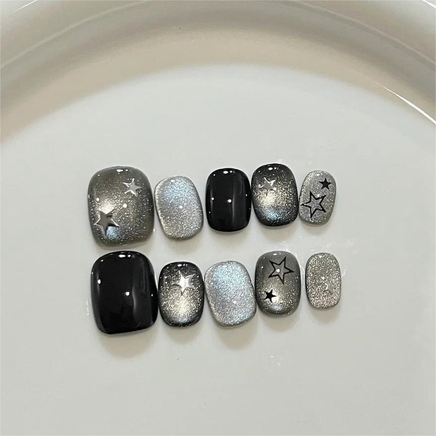 10 個黒かわいい猫手作りプレス爪クリスタルキャットアイ付け - Nail Art Eye Cat のレビューと価格