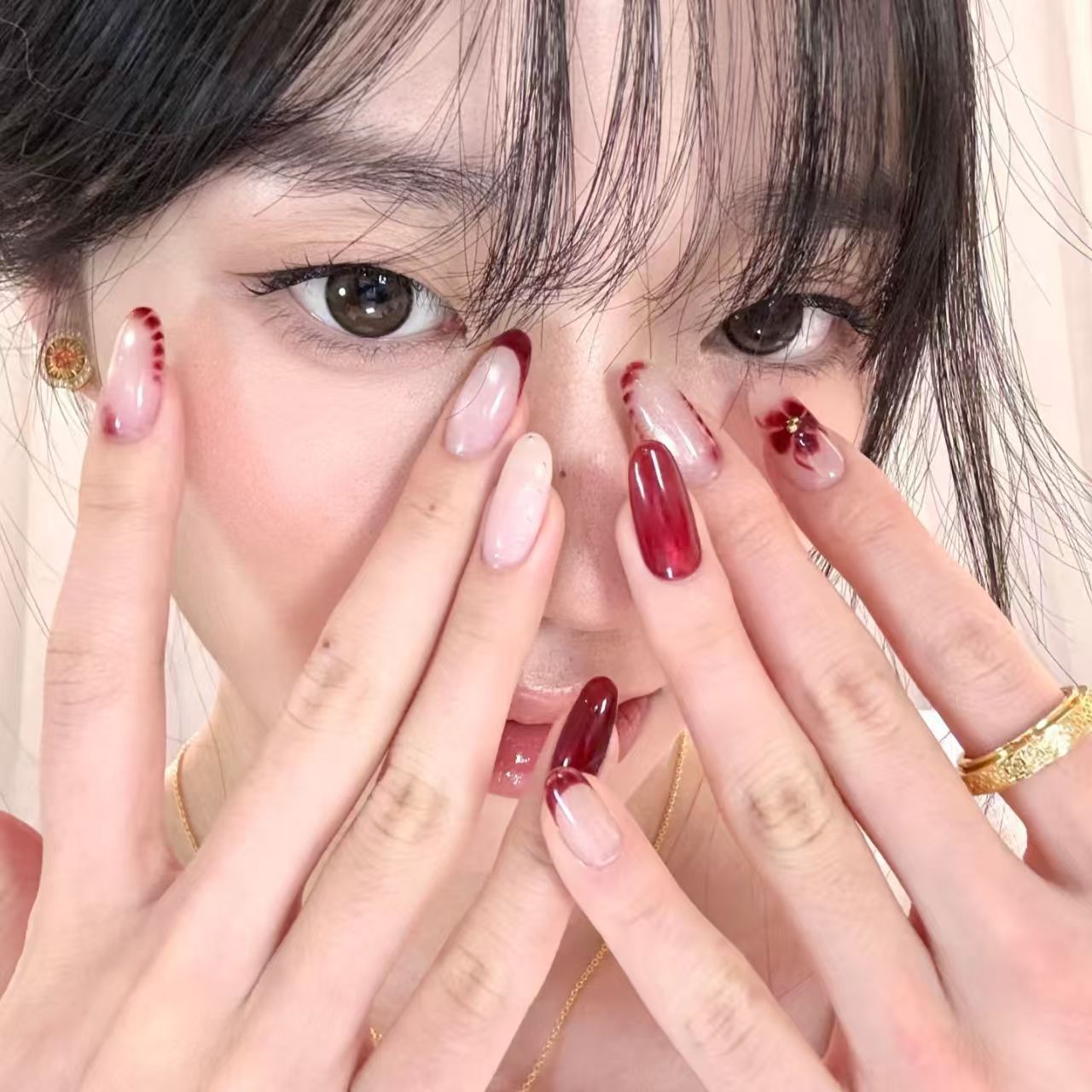 10個入り ハンドメイド オーバル プレスオンネイル フレン - Nail Art Red Wine Cat Eye のレビューと価格