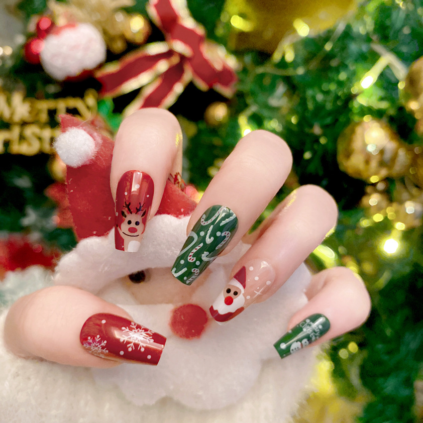 ネイルアート用クリスマス偽ネイル、かわいい漫画のネイル、暖か - Nail Art Burgundy のレビューと価格