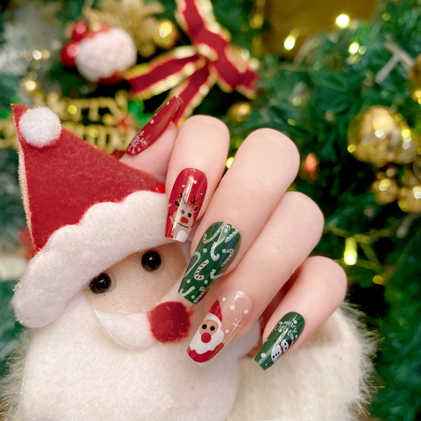 ネイルアート用クリスマス偽ネイル、かわいい漫画のネイル、暖か - Nail Art Burgundy のレビューと価格