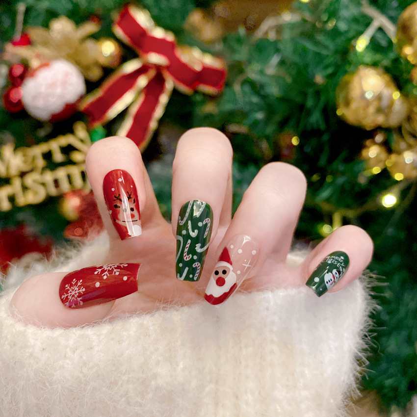 ネイルアート用クリスマス偽ネイル、かわいい漫画のネイル、暖か - Nail Art Burgundy のレビューと価格