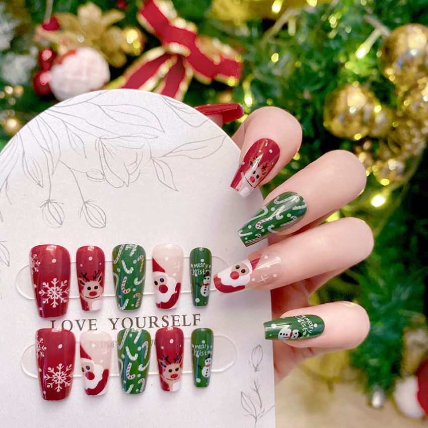 ネイルアート用クリスマス偽ネイル、かわいい漫画のネイル、暖か - Nail Art Burgundy のレビューと価格
