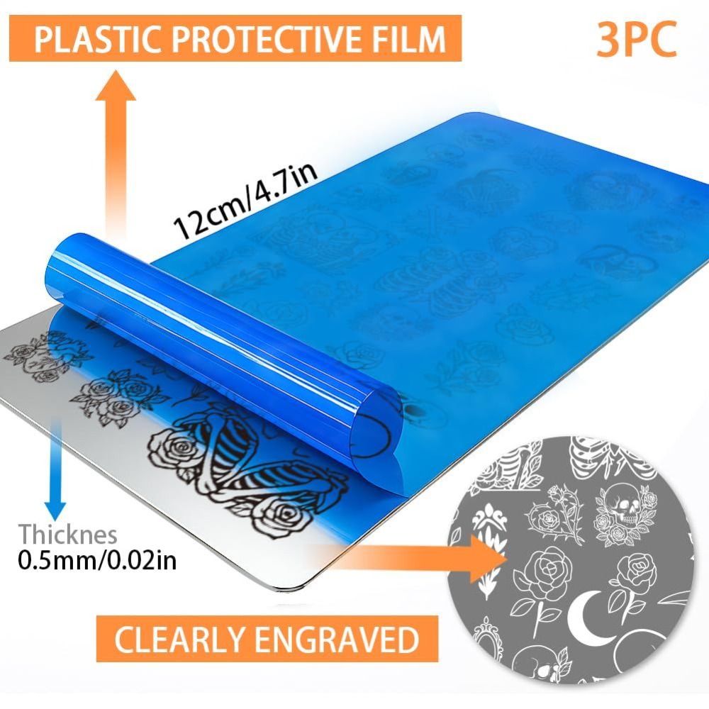 3枚入り スカルネイルスタンピングプレート 骨格 花柄 ネイ - Nail Stamping Plate のレビューと価格