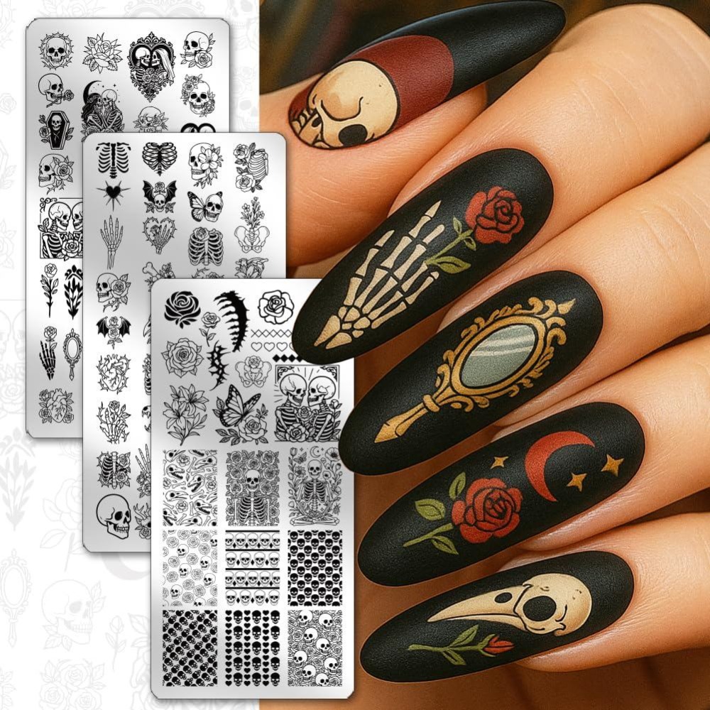 3枚入り スカルネイルスタンピングプレート 骨格 花柄 ネイ - Nail Stamping Plate のレビューと価格