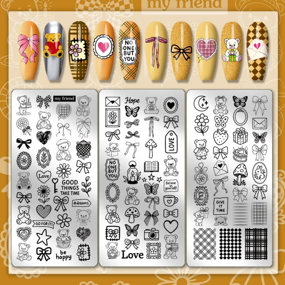 3 個かわいいクマネイルスタンピングプレート弓ハートネイルア - Nail Stamping Plate のレビューと価格