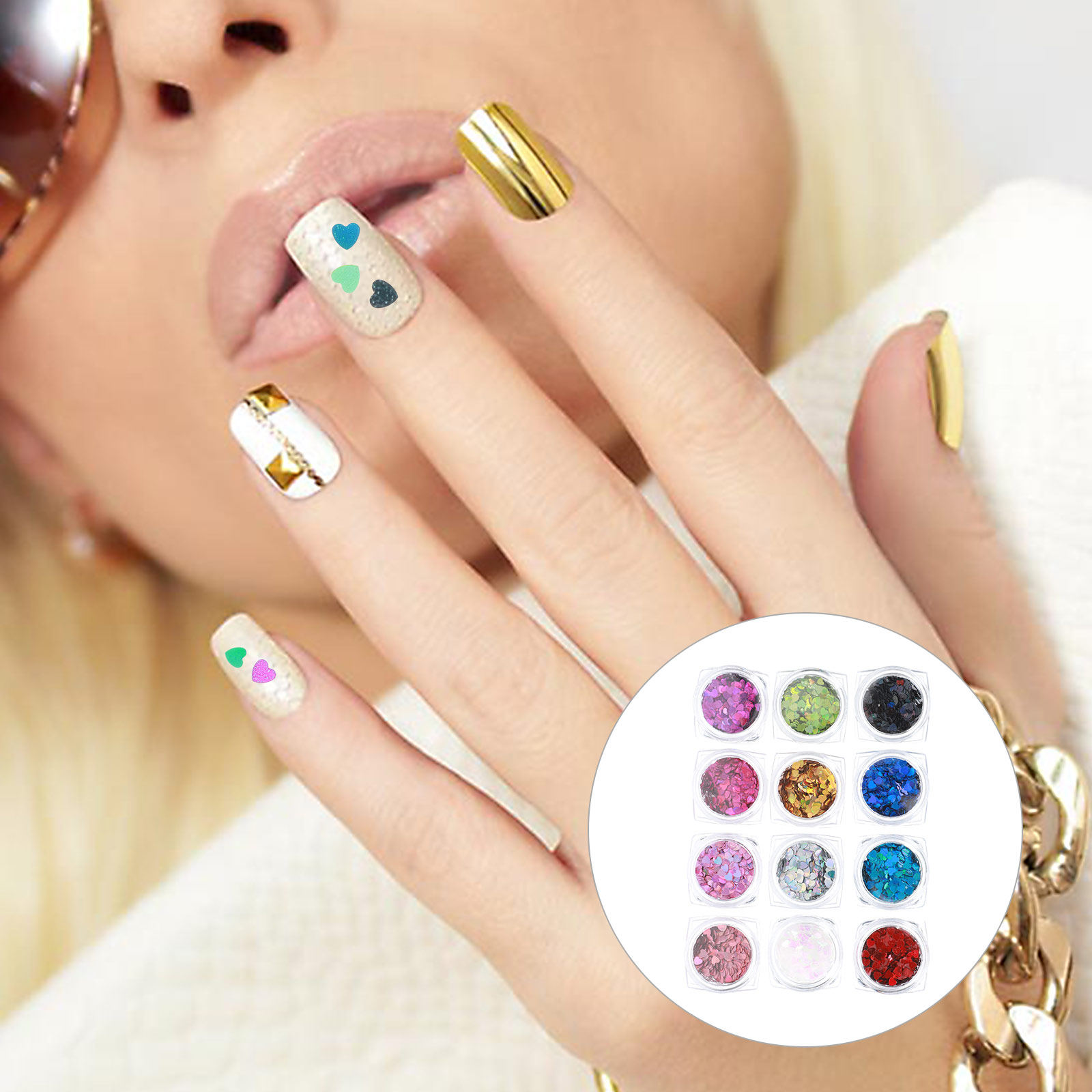1 セットシャイニングハートネイルスパンコールレーザーカット - Nail Art Valentines Day のレビューと価格