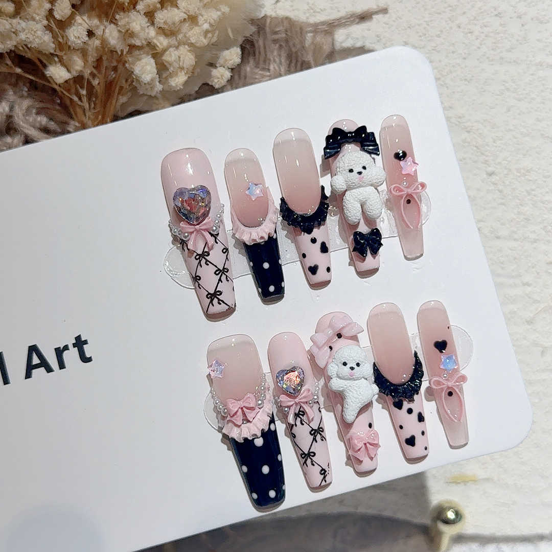 10 個ブラックレース水玉模様バレエフレンチプレスオンネイル - Nail Art Emerald のレビューと価格
