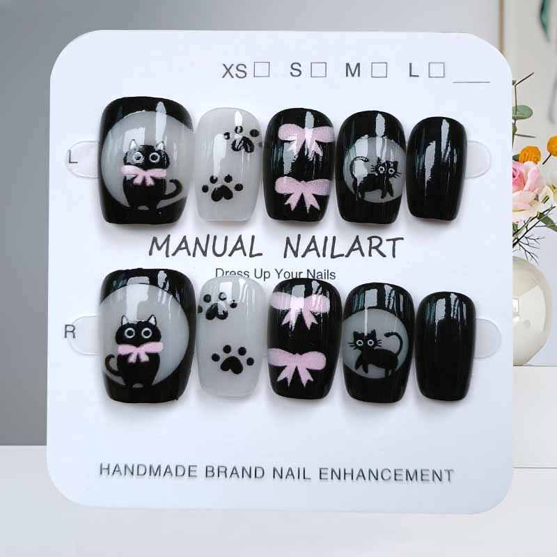 10枚入り 可愛い漫画 黒猫とピンクの蝶結び ハンドメイド  - Nail Art Eye Cat のレビューと価格