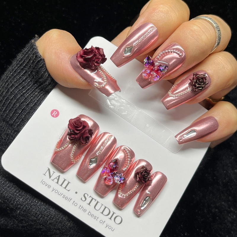 10個入り ローズゴールド 付け爪 3D バーガンディローズ - Nail Art Burgundy のレビューと価格
