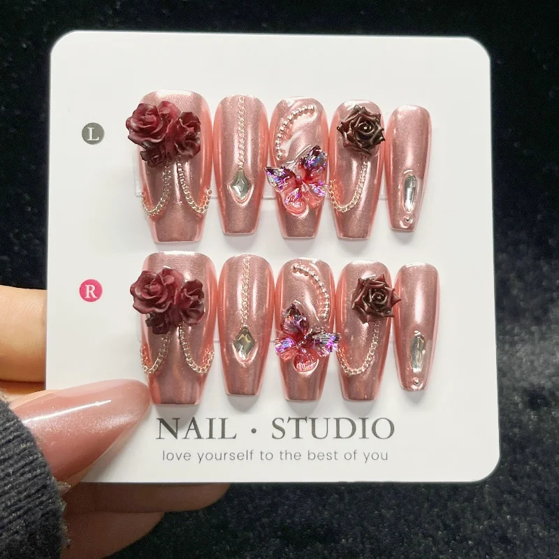10個入り ローズゴールド 付け爪 3D バーガンディローズ - Nail Art Burgundy のレビューと価格